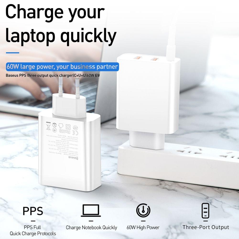 Baseus PPS Three Output Quick Charger 60W Type-C+USB+USB - US Plug