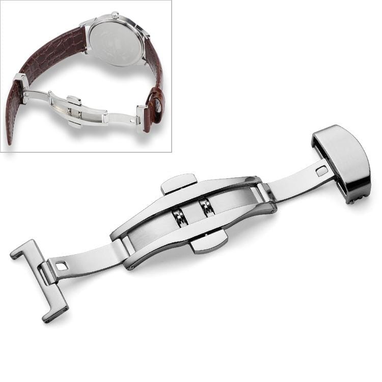 Watch Leather Wrist Strap Butterfly Buckle 316 Stainless Steel Double Snap, Size: 14mm (Silver)
